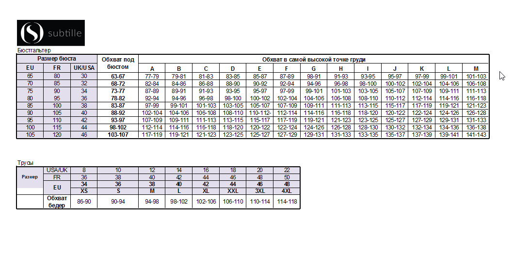 Таблица размеров